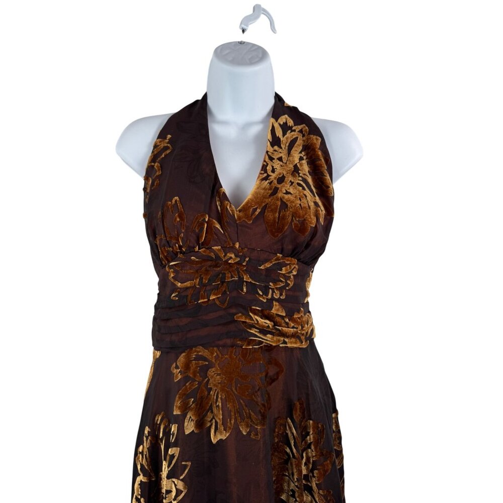 VTG Signature By Robbie Bee brown Floral Halter Dress 12 Silk Blend whimsy goth‎ - Picture 2 of 10